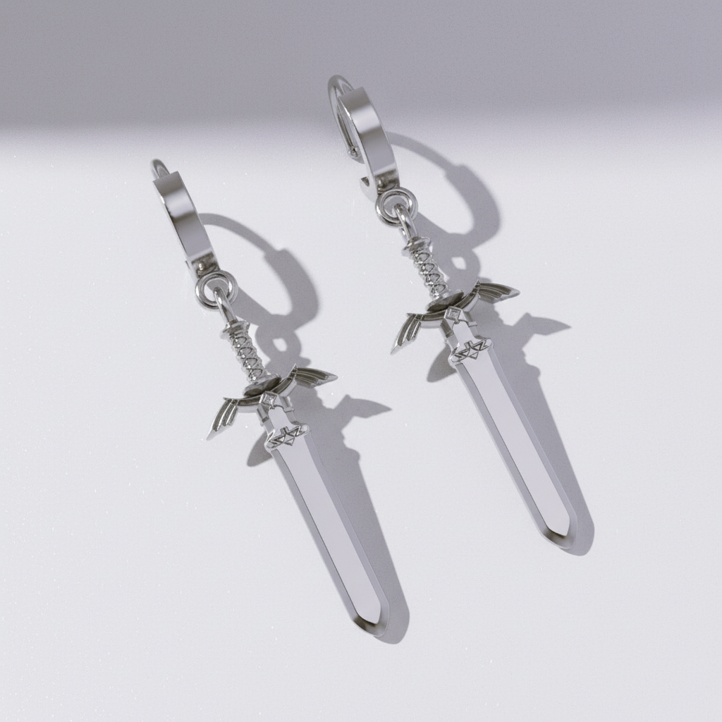A pair of sword-shaped earrings against a fantasy-themed background with a forest and a mystical structure.