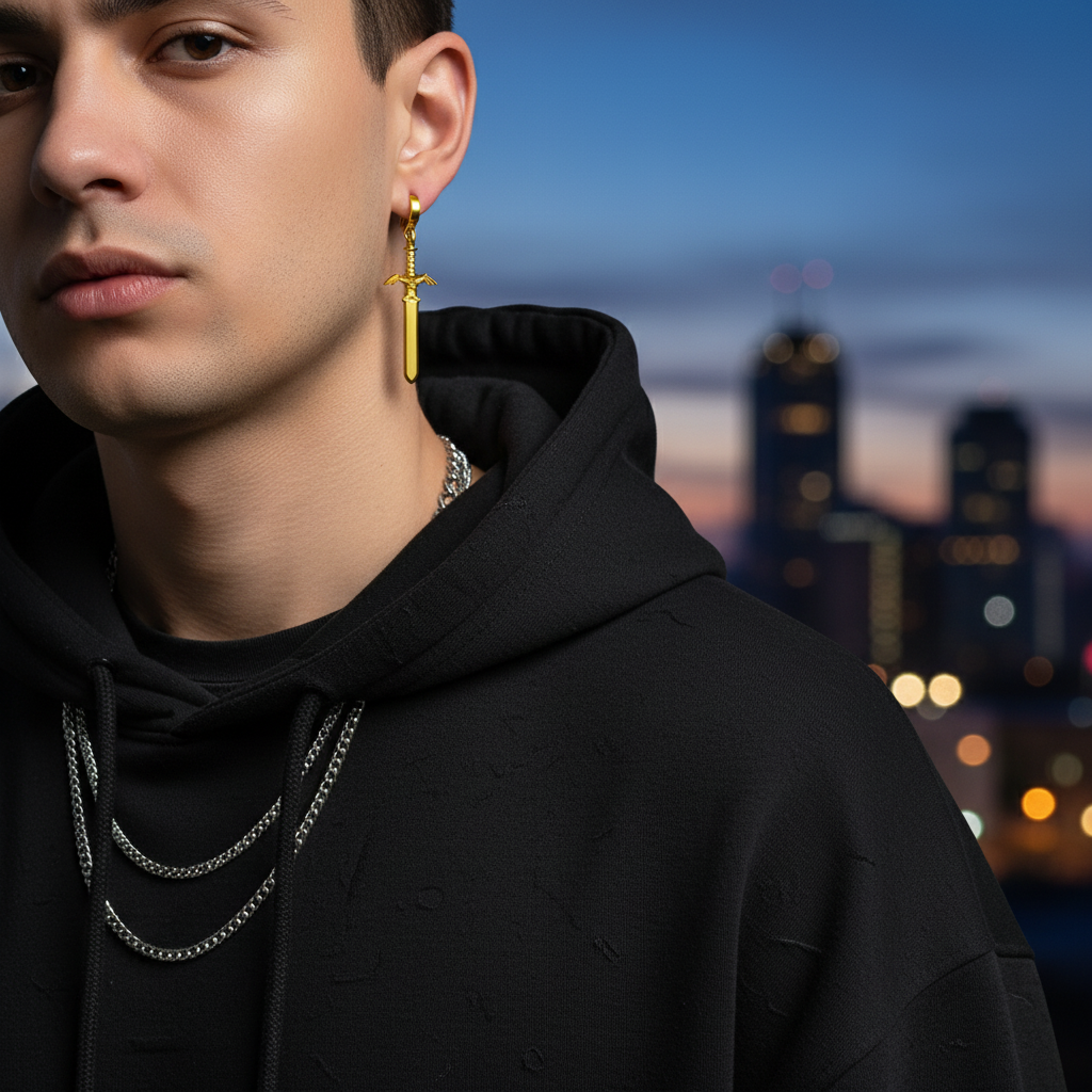 Person wearing gold earrings with a city skyline in the background