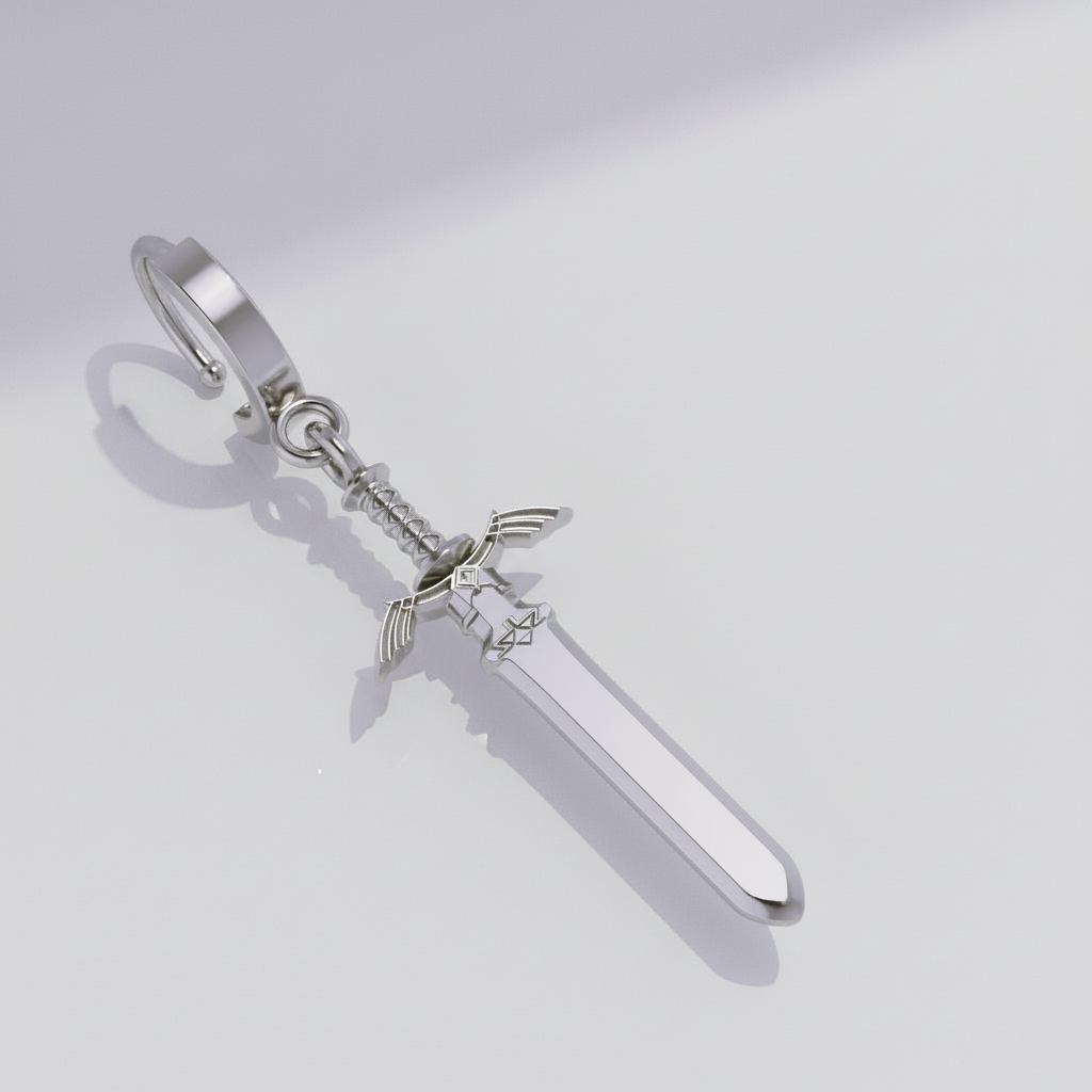 A pair of sword-shaped earrings against a fantasy-themed background with a forest and a mystical structure.