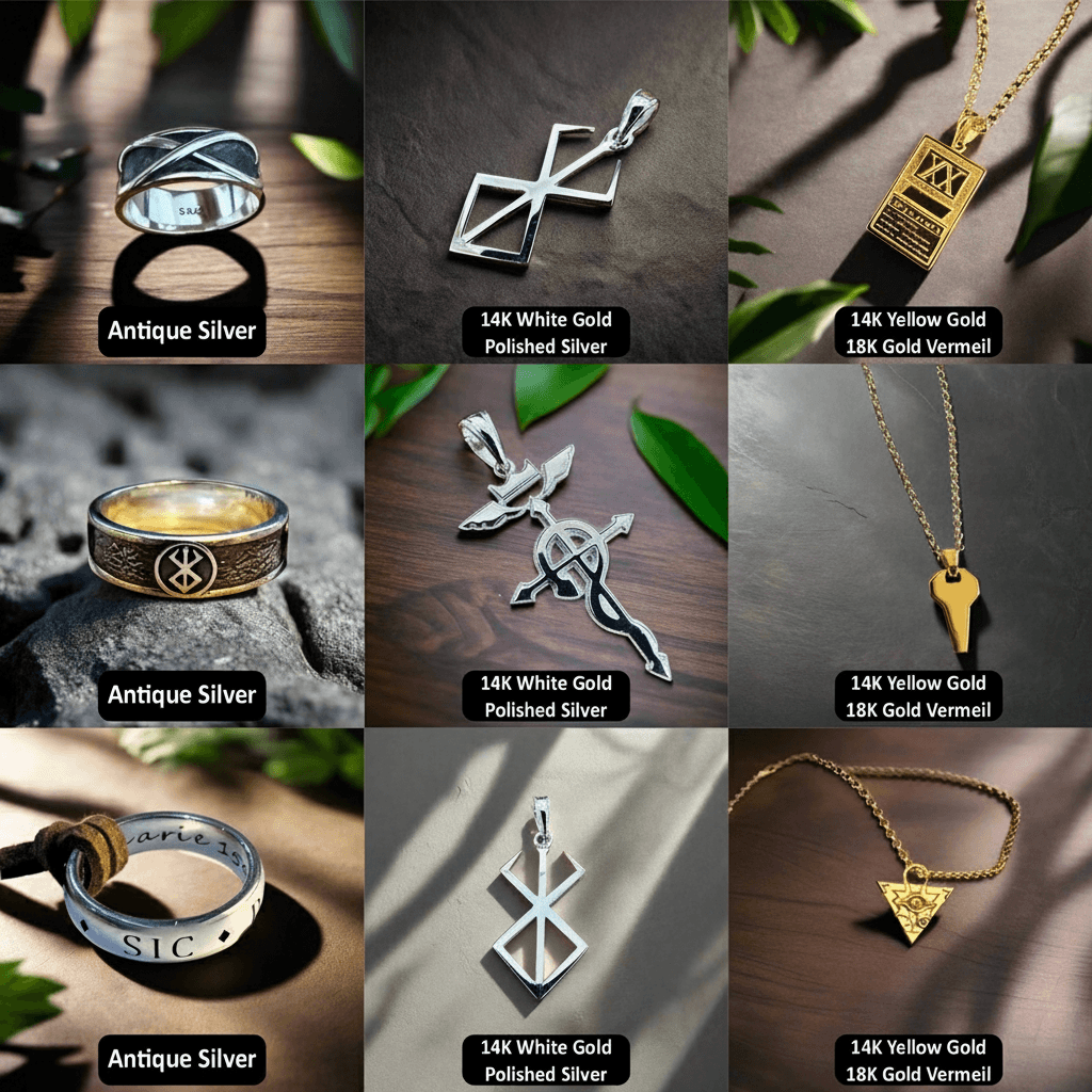 Collage of jewelry including rings and pendants in various metals on a neutral background.