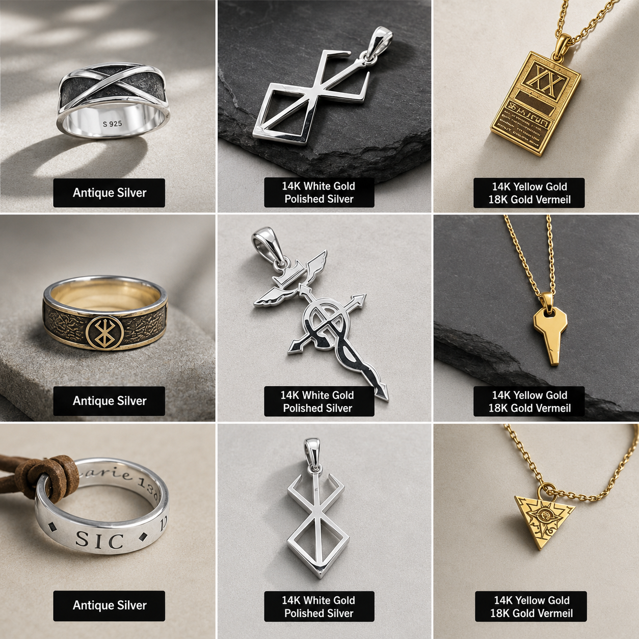 Collage of jewelry including rings and pendants in various metals on a neutral background.