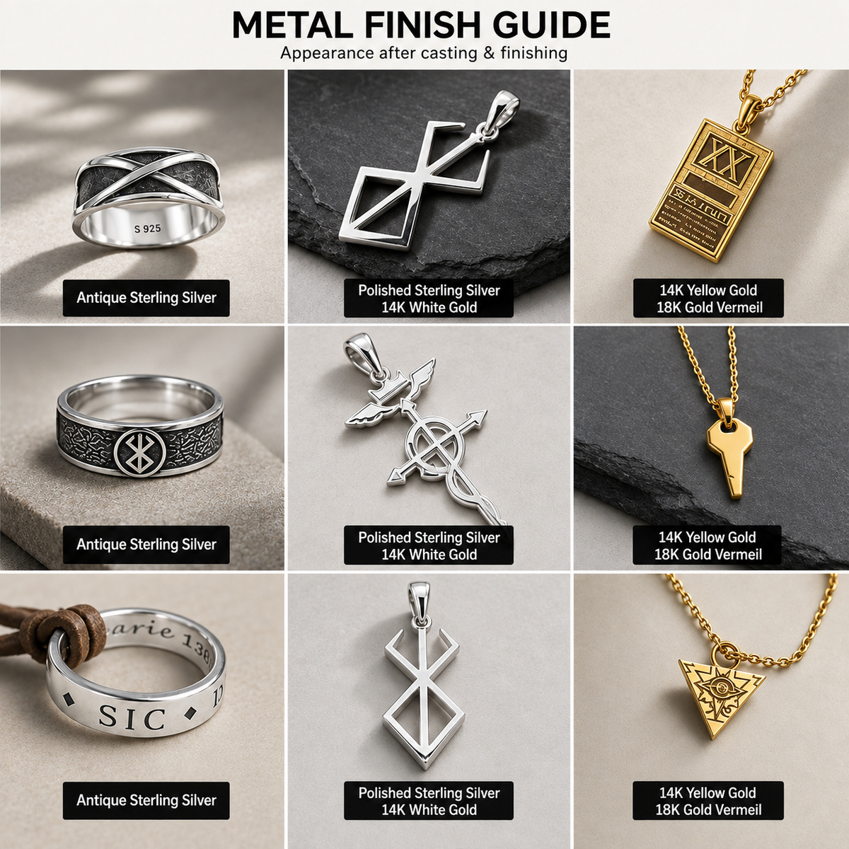 Collage of jewelry including rings and pendants in various metals on a neutral background.