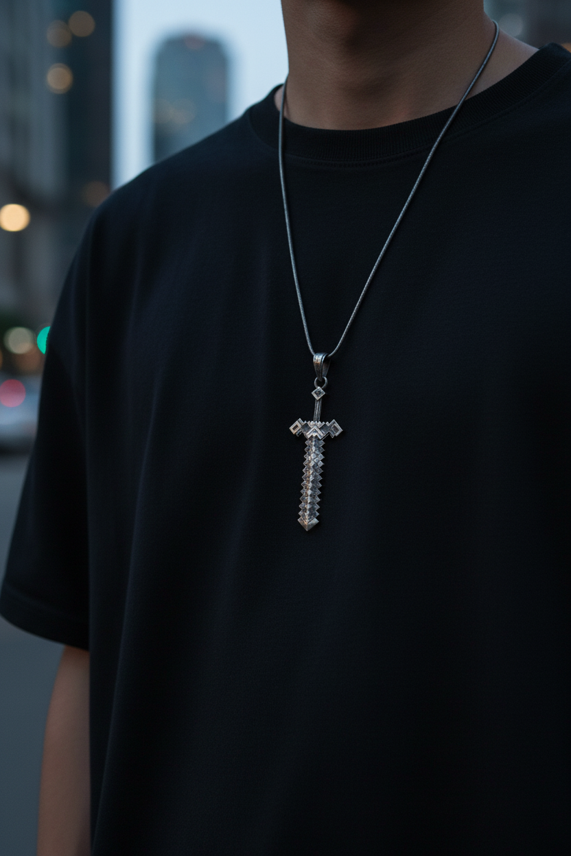 Person wearing a black shirt with a necklace featuring a cross pendant.