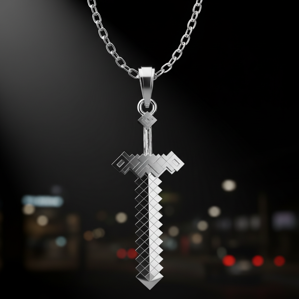 Silver sword-shaped pendant on a chain against a blurred cityscape background