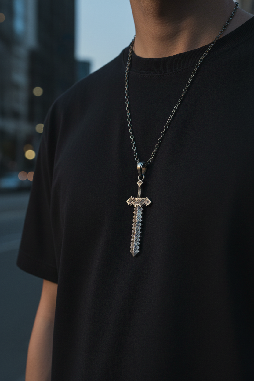 Person wearing a black t-shirt with a detailed necklace against a blurred background