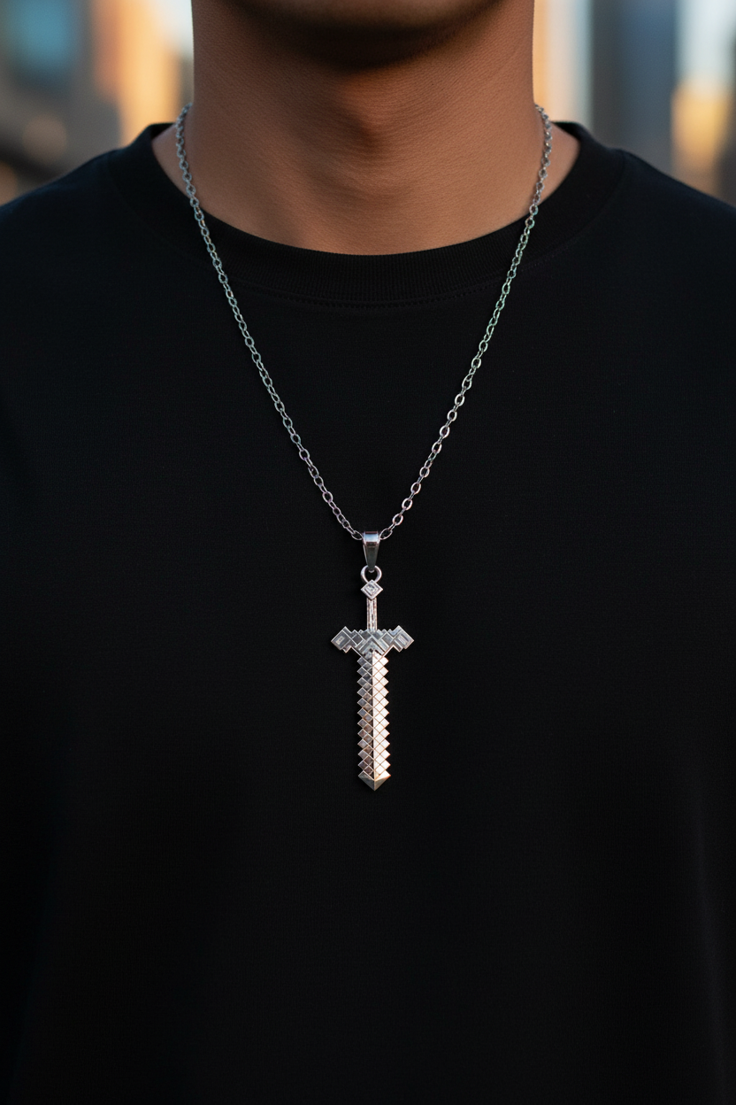 Silver sword-shaped pendant on a chain against a black background