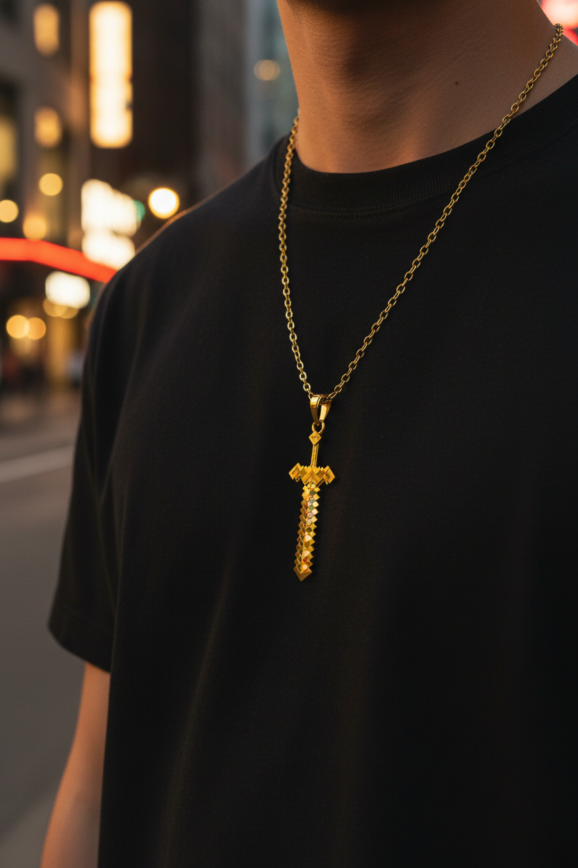 Person wearing a black shirt with a gold chain and cross pendant in an urban setting