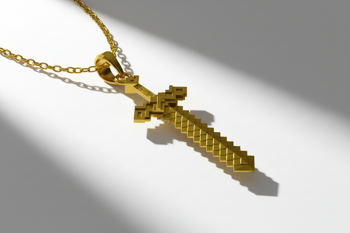 Gold sword-shaped pendant on a chain against a white background