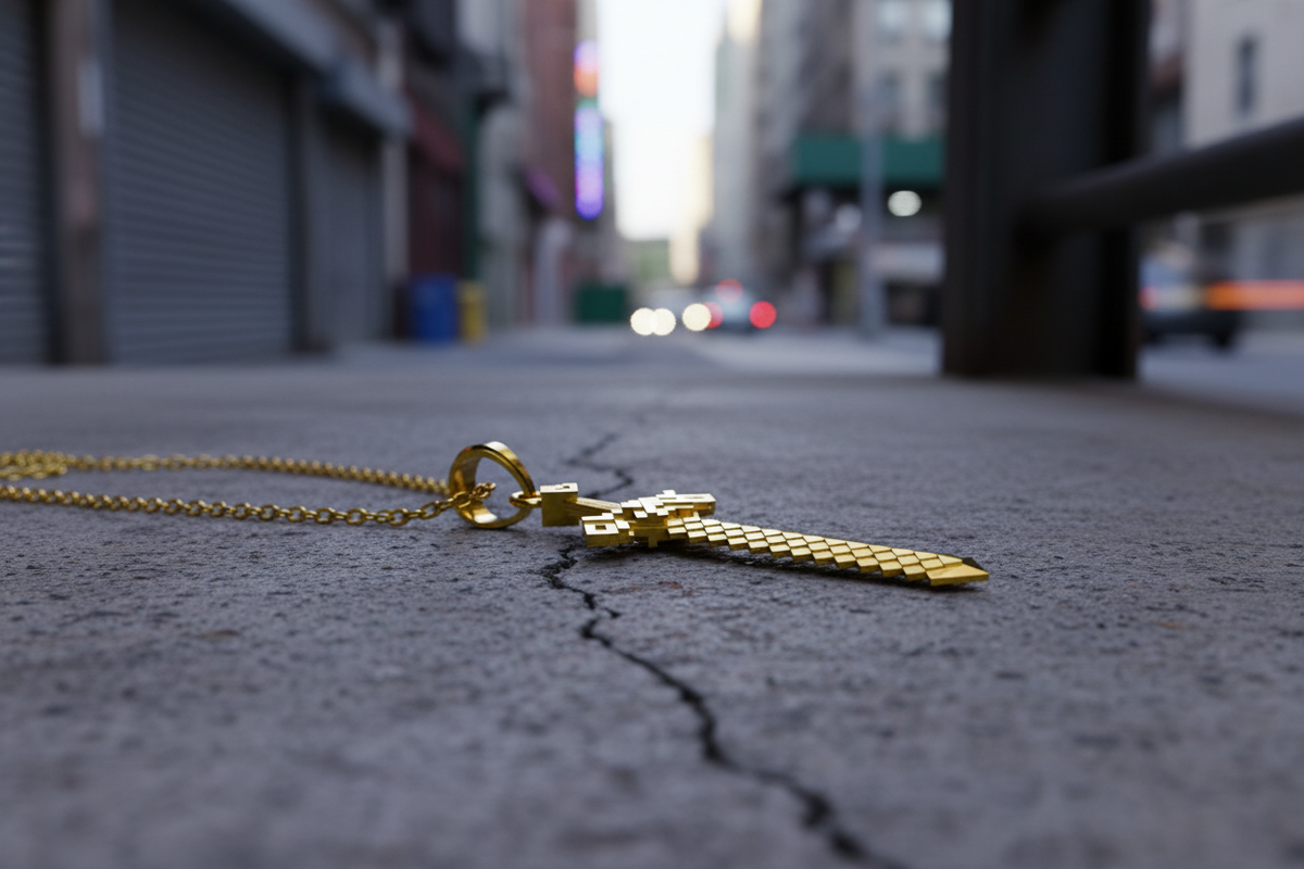 Gold necklace with a sword pendant on a city street