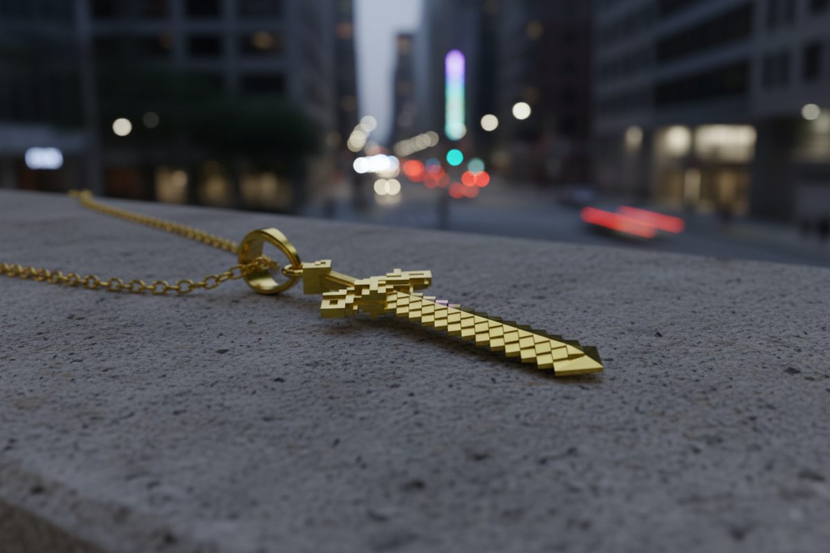 Gold keychain on a concrete surface with a blurred cityscape background
