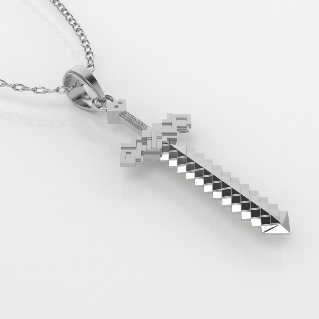 Silver sword-shaped pendant on a chain against a white background