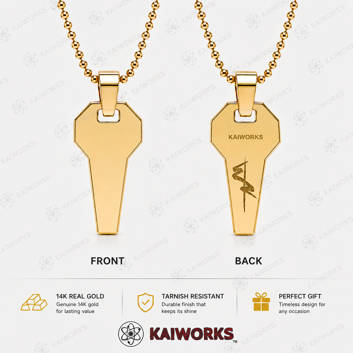 David Martinez Pendant in 14K Gold featuring 18K Gold Vermeil key design with front and back details.