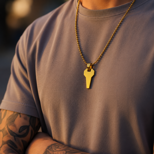 David Martinez Pendant in 14K Gold worn by a person in a casual setting, showcasing its elegance and shine.