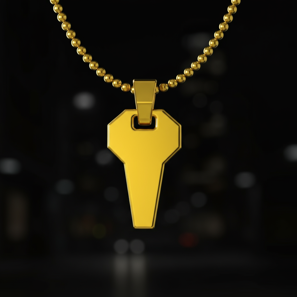 David Martinez Pendant in 14K Gold on a chain with a shiny gold key design.
