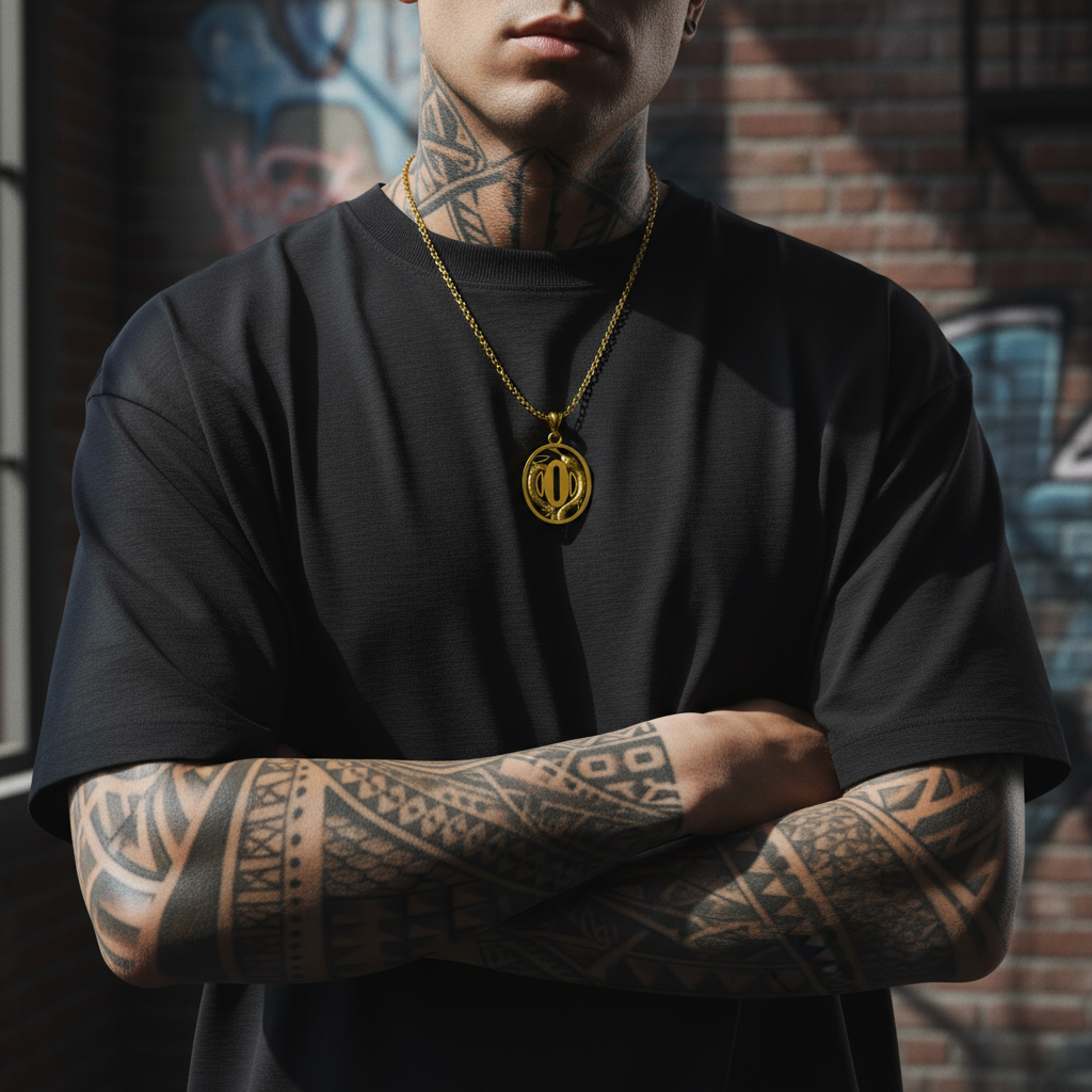 Person wearing a black t-shirt and gold necklace with a tattooed arm, standing against a graffiti-covered wall.