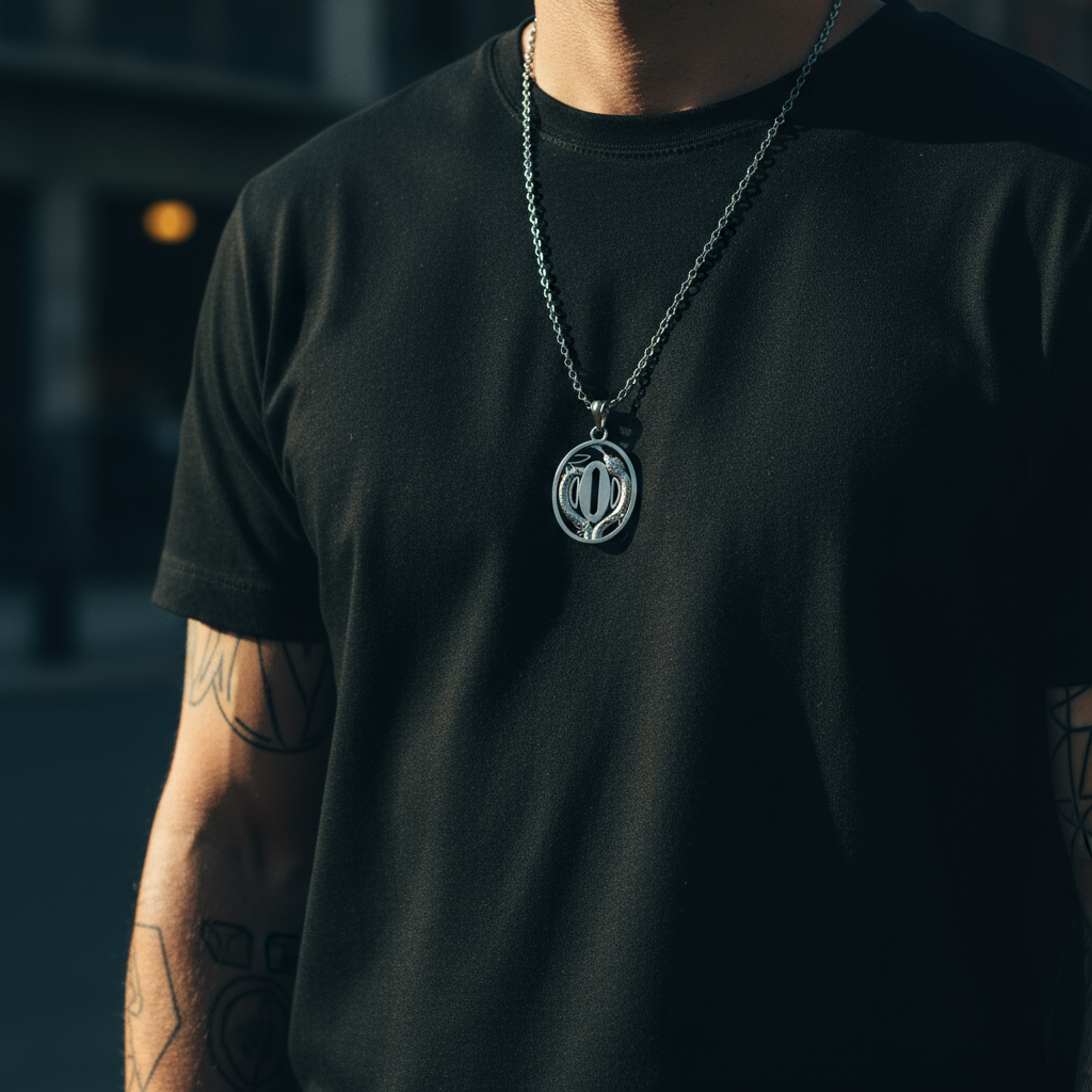 Person wearing a black t-shirt with a silver necklace featuring a pendant.