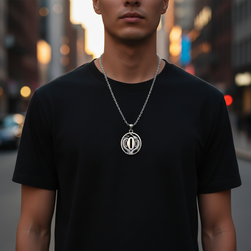 Man wearing a black t-shirt with a silver necklace featuring a circular pendant on a blurred city street background.
