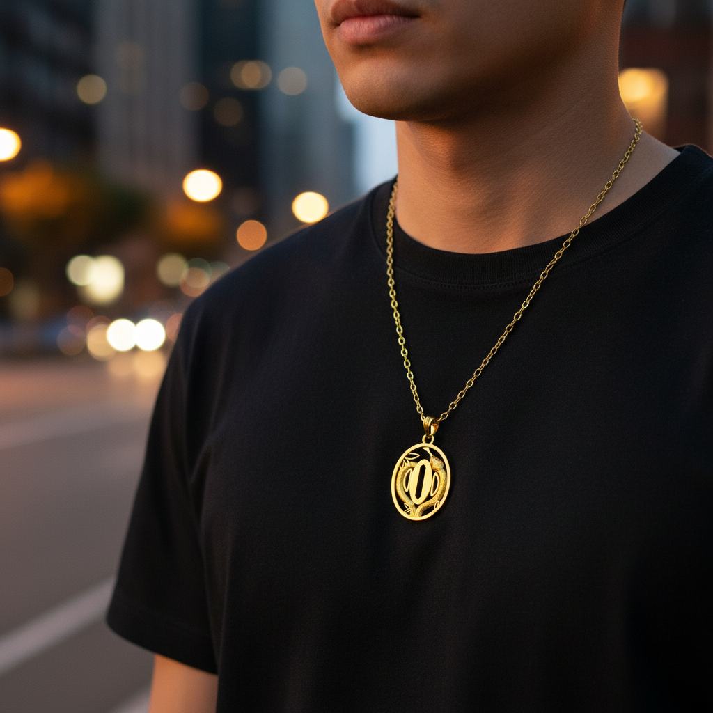 Person wearing a gold necklace with a pendant against a blurred city street background