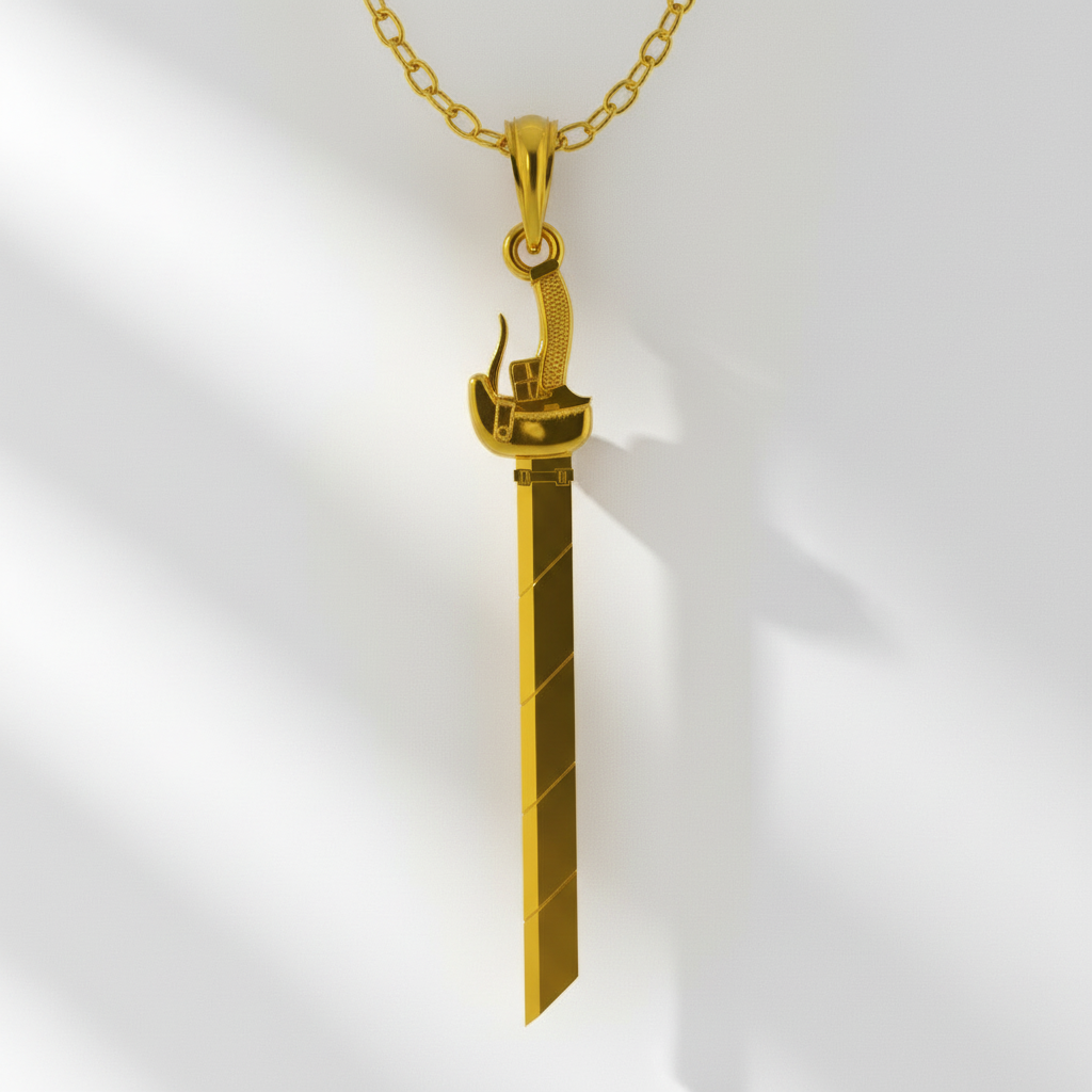 Gold sword-shaped pendant on a chain against a white background
