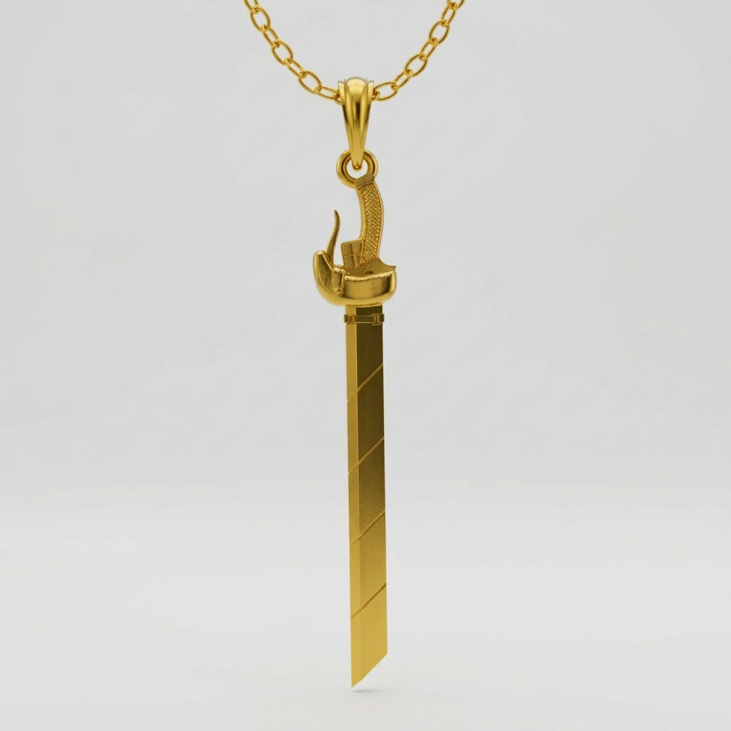 Gold sword-shaped pendant on a chain against a white background