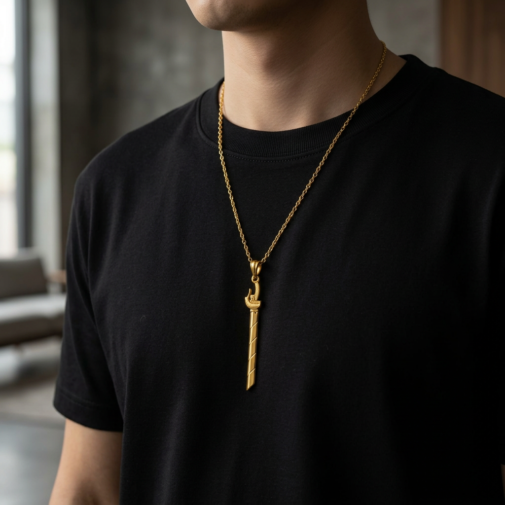 Gold necklace with a unique pendant on a black background