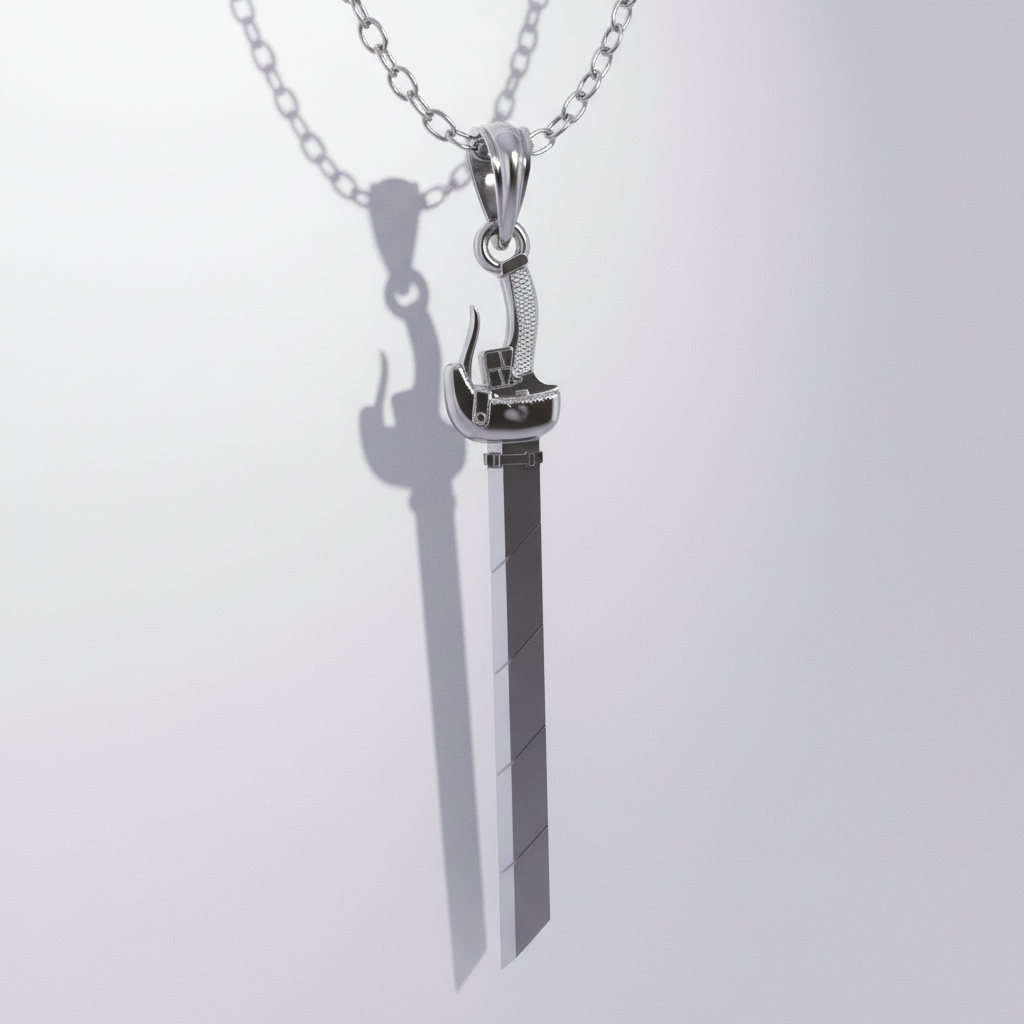 Silver sword-shaped pendant on a chain against a light gray background