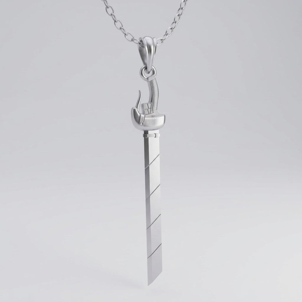 Silver sword-shaped pendant on a chain against a light gray background