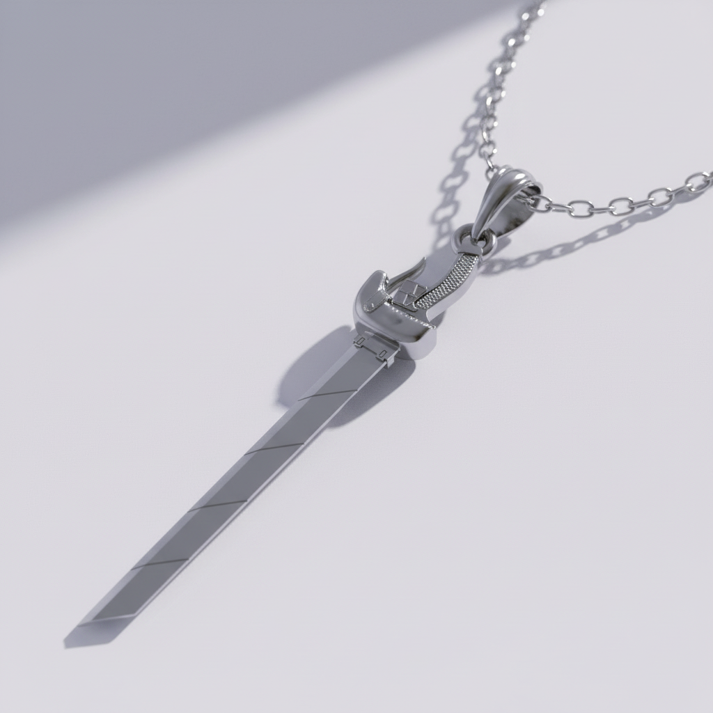 Silver sword-shaped pendant on a chain against a light background