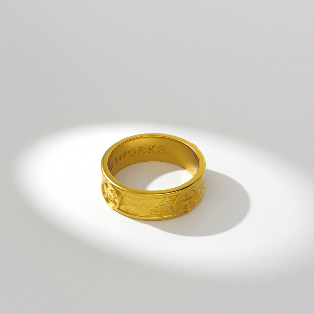 Gold ring with engraved design on a light gray background