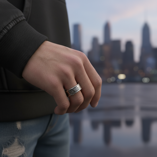 Hand wearing a ring with a city skyline in the background