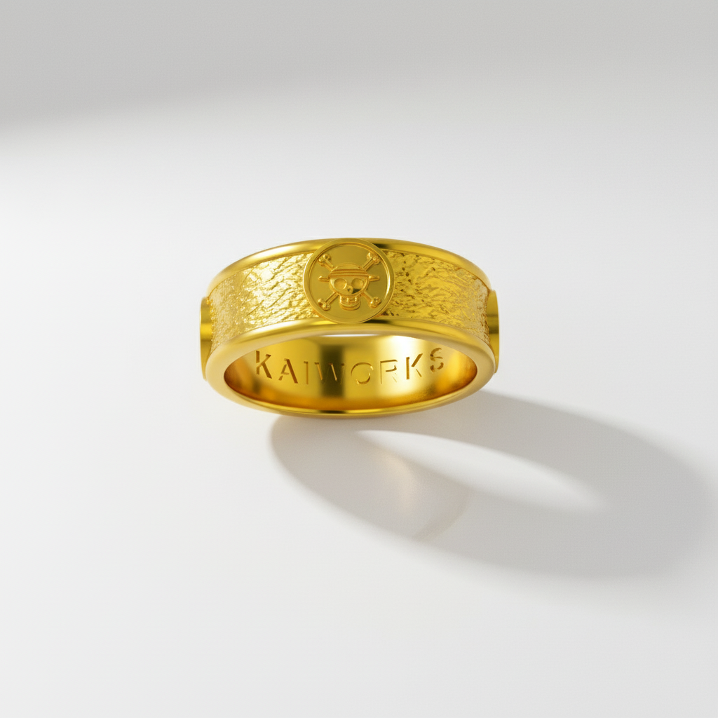 Gold ring with 'KARWORKS' branding on a light gray background
