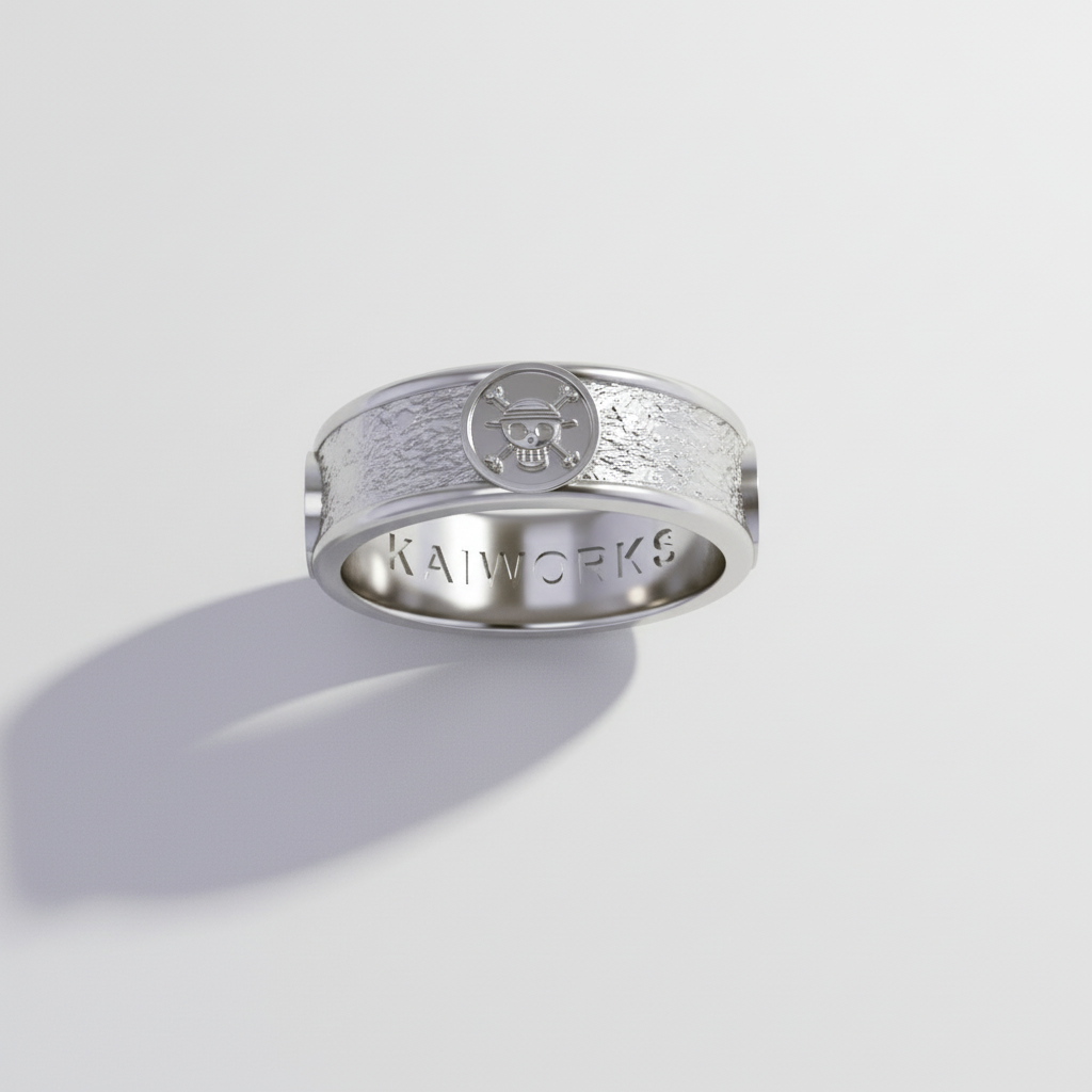 A gold-colored ring with a design featuring the iconic jolly roger symbol, presented on a character illustration background.