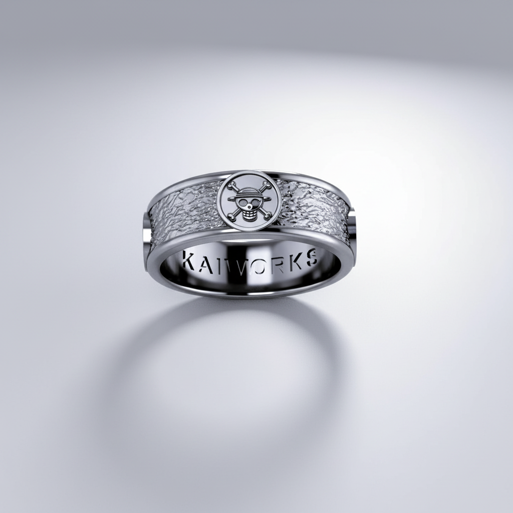A gold-colored ring with a design featuring the iconic jolly roger symbol, presented on a character illustration background.