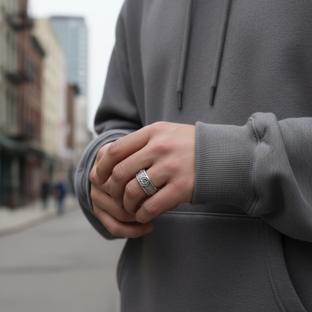 Person wearing a gray hoodie with a blurred street scene in the background
