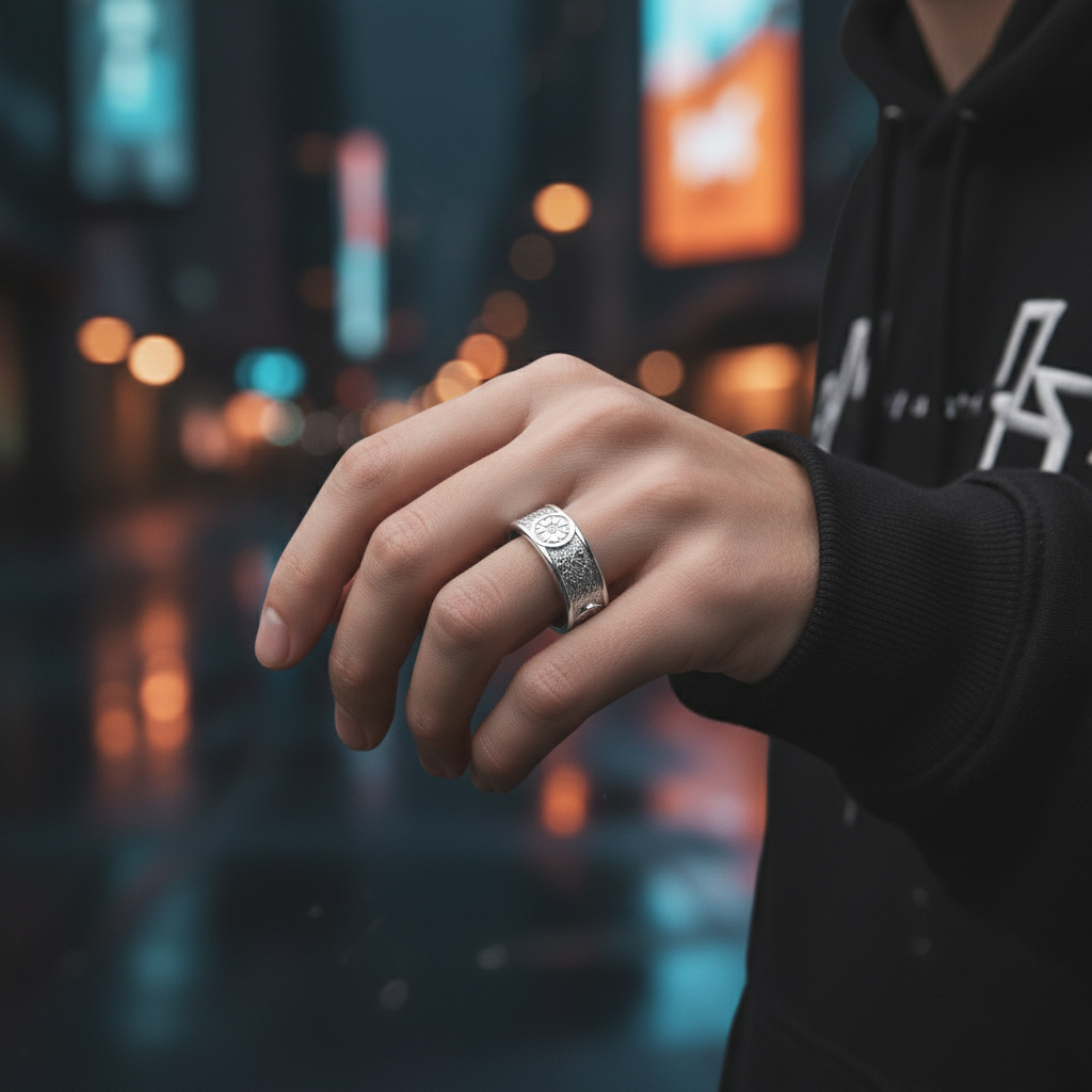 Hand wearing a silver ring with a blurred city street background