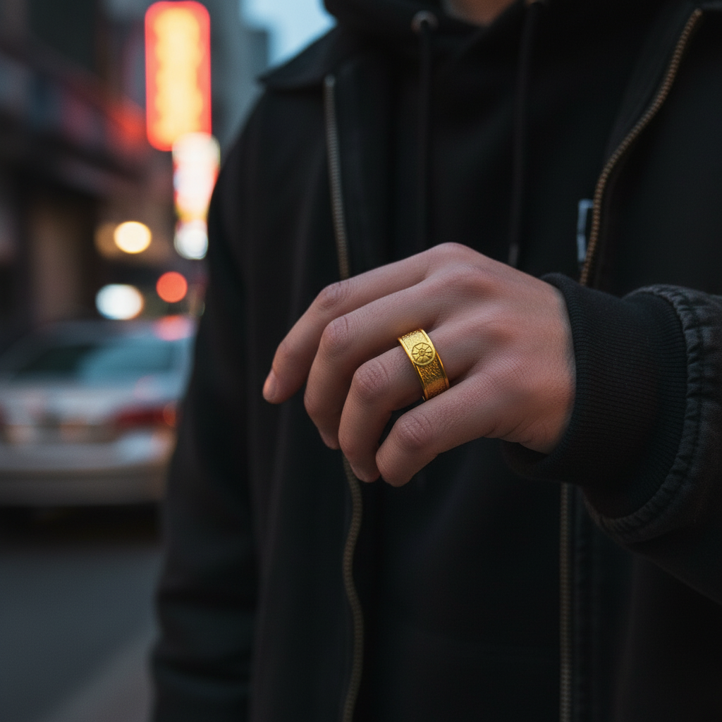 Person wearing a gold ring with a blurred city street background