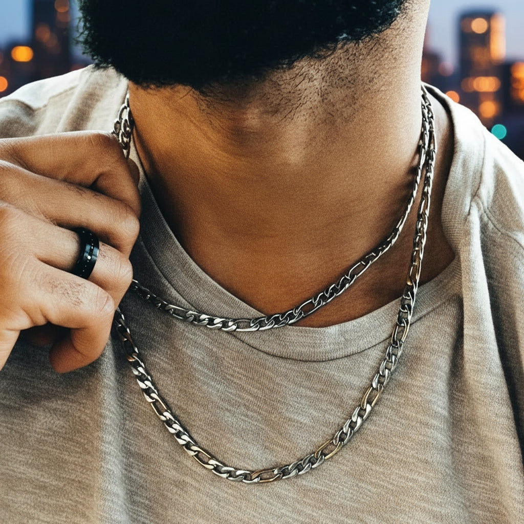 Person wearing multiple chain necklaces with a blurred background