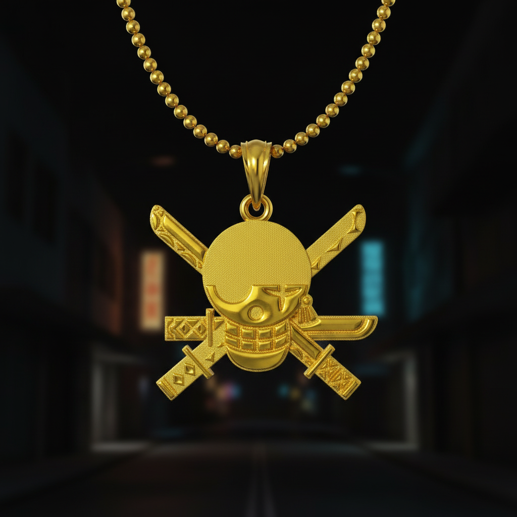 Gold pendant with skull and crossed swords design on a dark background