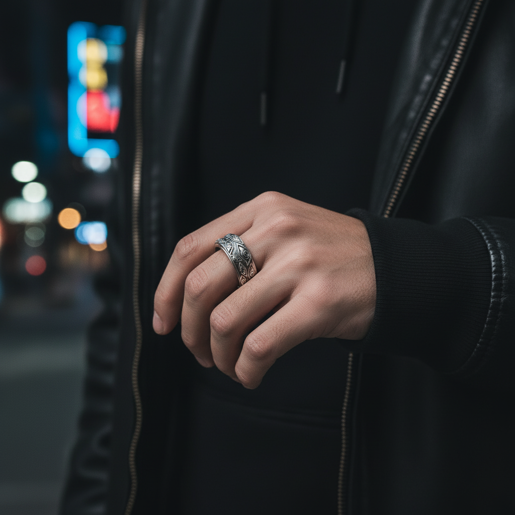 Hand wearing a silver ring with a blurred city street background