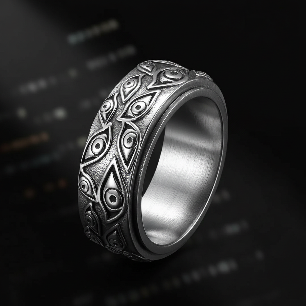 Silver ring with intricate patterns on a dark background
