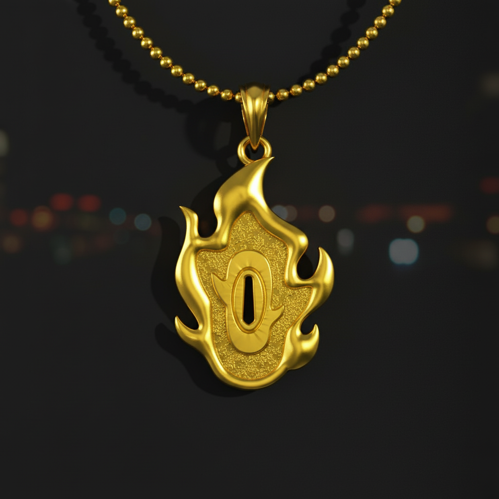 Gold pendant necklace on a dark background