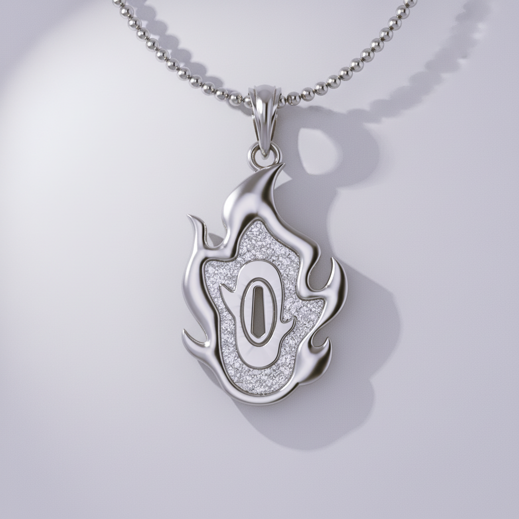 Silver necklace with a decorative pendant on a light gray background