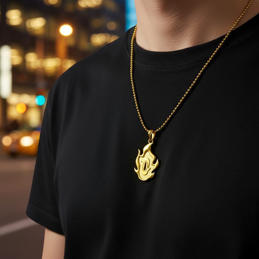 Person wearing a gold necklace with a flame pendant against a blurred cityscape background