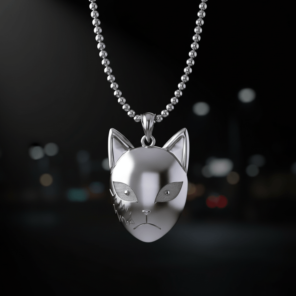Silver cat-shaped pendant on a chain against a blurred cityscape background