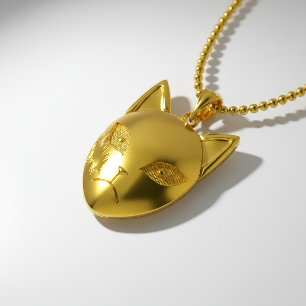 Gold cat-shaped pendant on a chain against a white background
