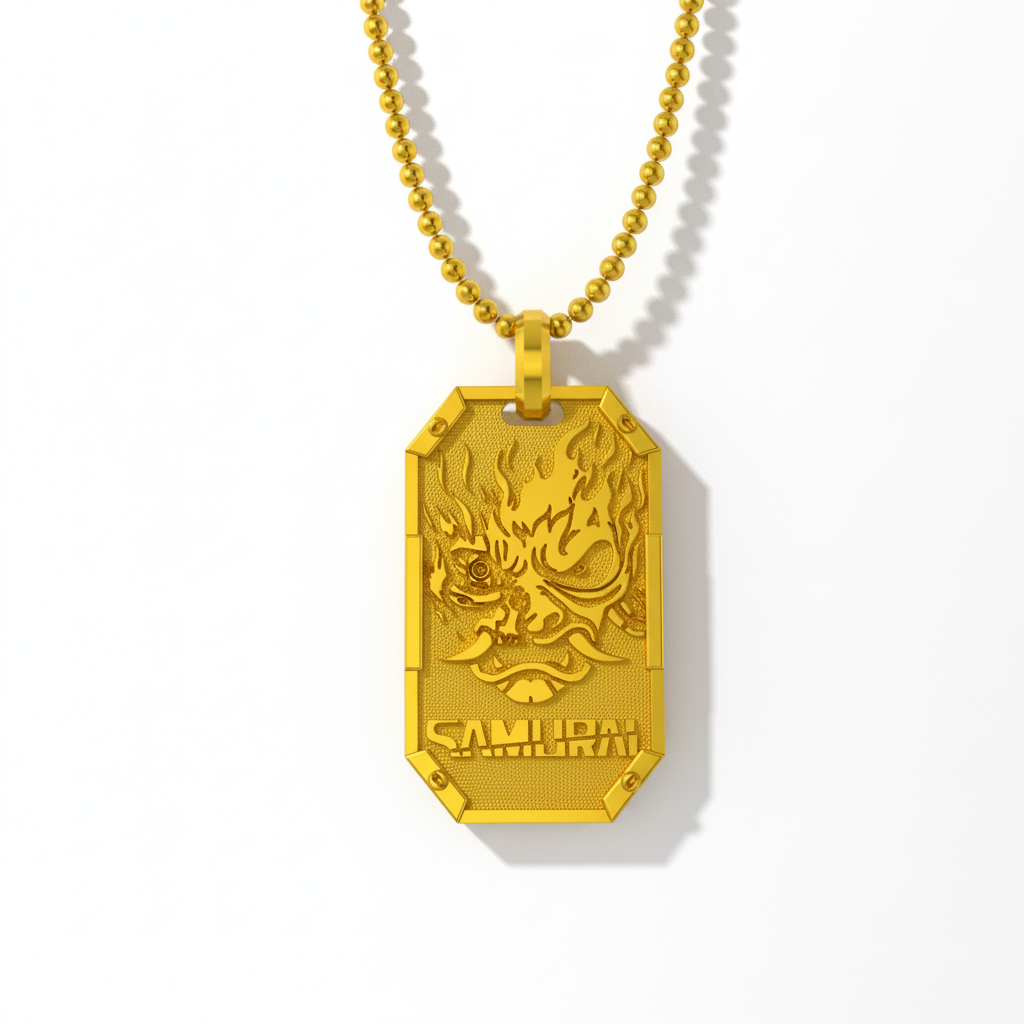 Gold pendant necklace with a detailed design on a white background