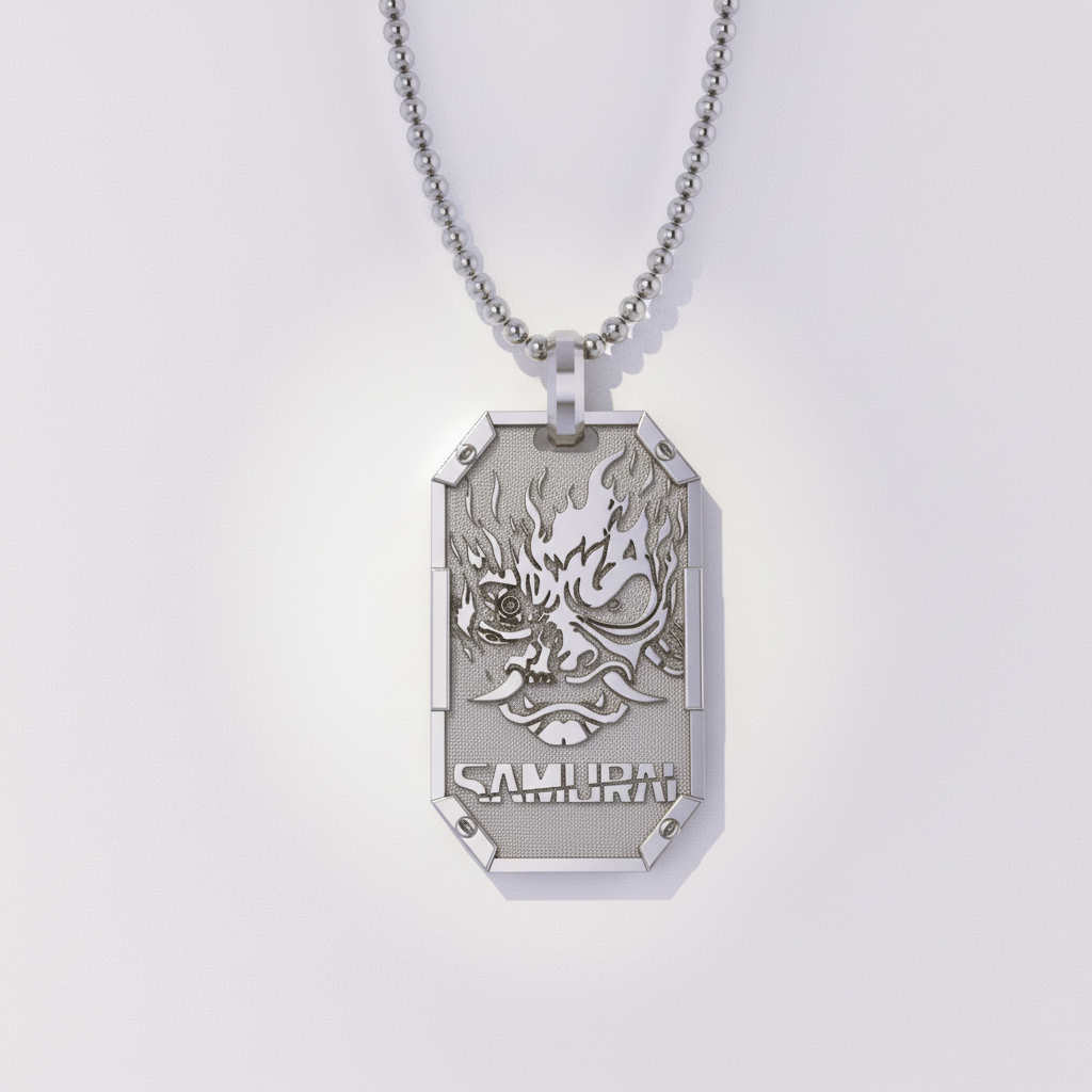 A silver pendant with a samurai design, set against a neon-lit, cyber-inspired background with the word 'SAMURAI' prominently displayed.