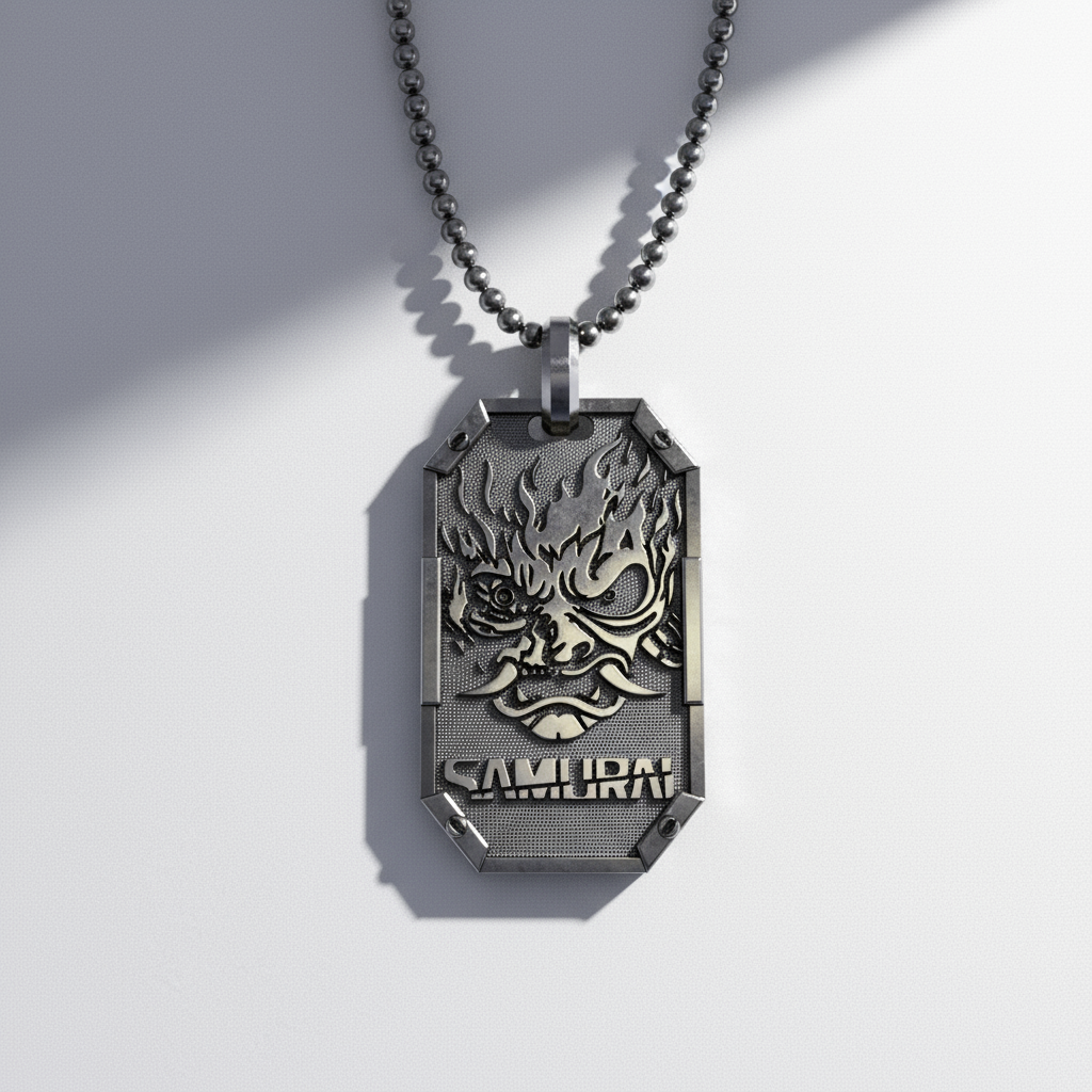 A silver pendant with a samurai design, set against a neon-lit, cyber-inspired background with the word 'SAMURAI' prominently displayed.