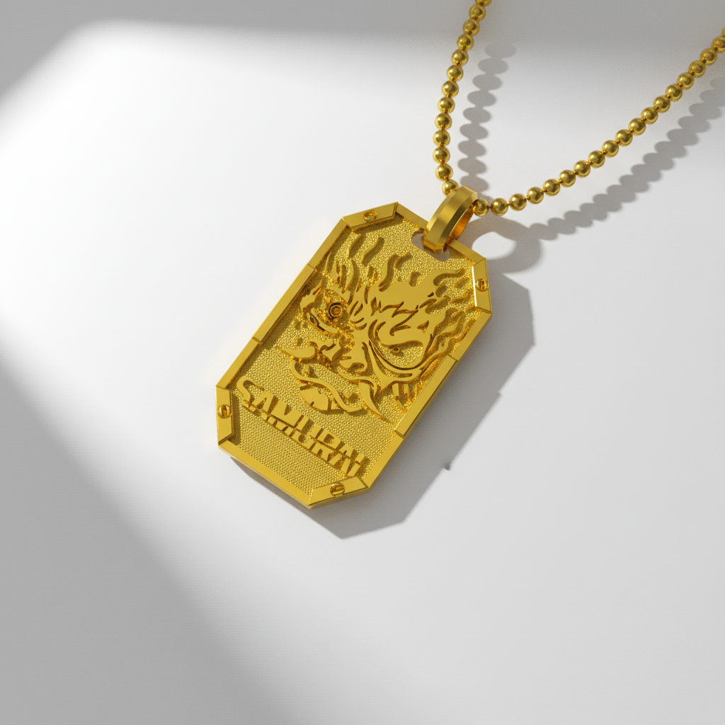 Gold pendant with a dragon design on a white background