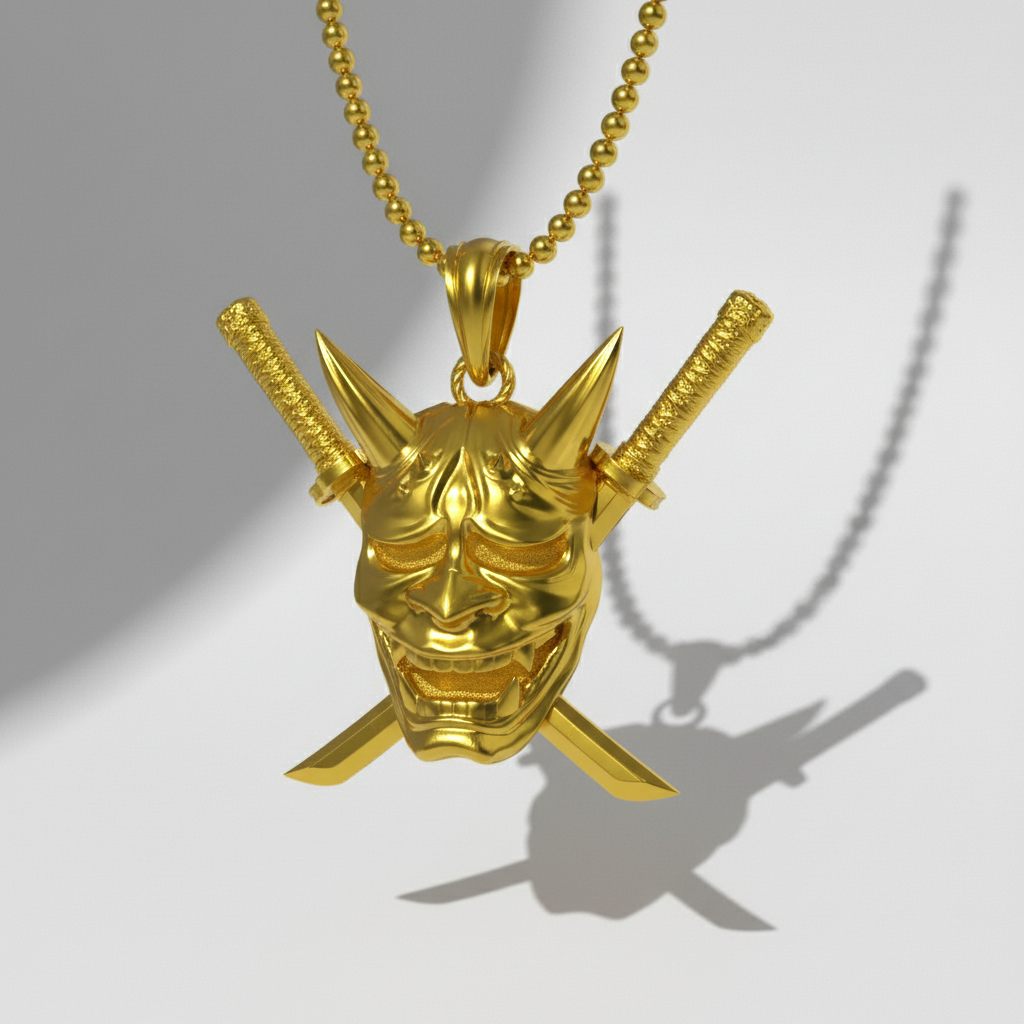 A gold-colored samurai oni pendant with a detailed mask design, displayed against a traditional Japanese art-inspired background with a stylized illustration of a samurai.